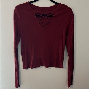 Hollister Burgundy Ribbed Long Sleeve Tee with Criss-Cross Neckline